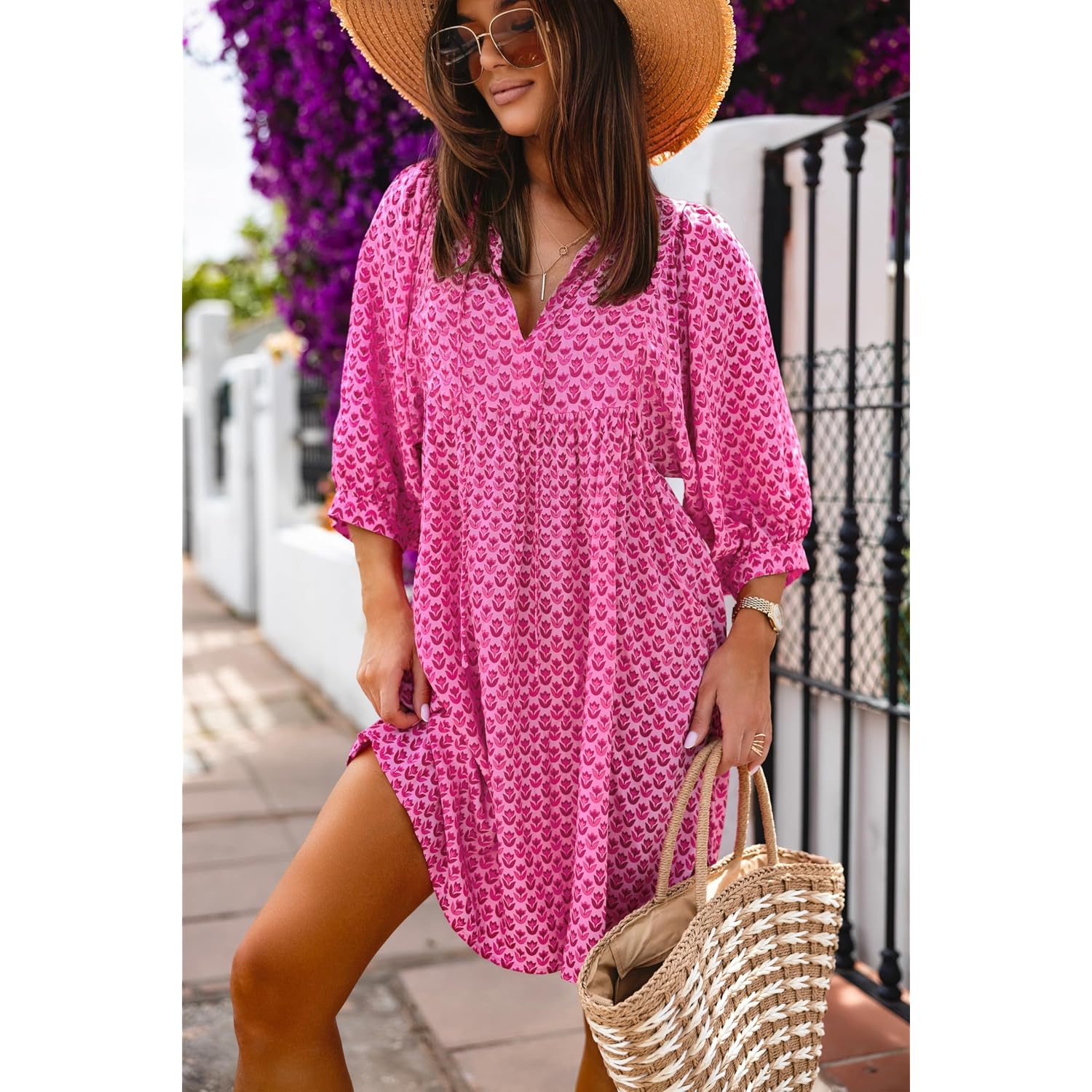 Miduo Womens Casual V Neck Summer Half Sleeve Bohemian Floral Mini Tunic Short Dresses