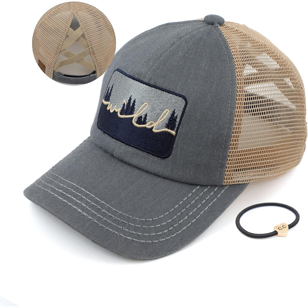 C.C Exclusives Washed Distressed Embroidered Patch Cotton Denim Criss-Cross Ponytail Hat Adjustable Baseball Cap