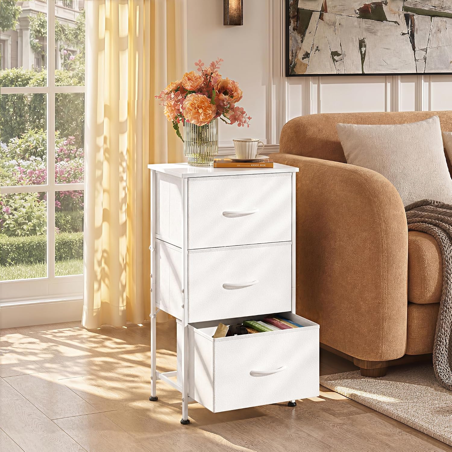 Wlive Nightstand With 3 Drawers, Fabric Dresser, Organizer Unit, Storage Dresser For Bedroom, Hallway, Entryway, Closets, Sturdy Steel Frame, Wood Top, Easy Pull Handle, White