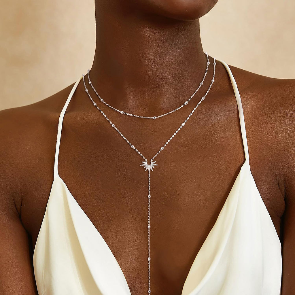 CHESKY Long Necklaces for Women, 14k Gold Plated/Streling Silver Lariat Necklace Dainty Statement Prom Necklace Rosary Cross Sun Drop Pendant Dangle Necklace Gold Prom Jewelry for Women Gifts