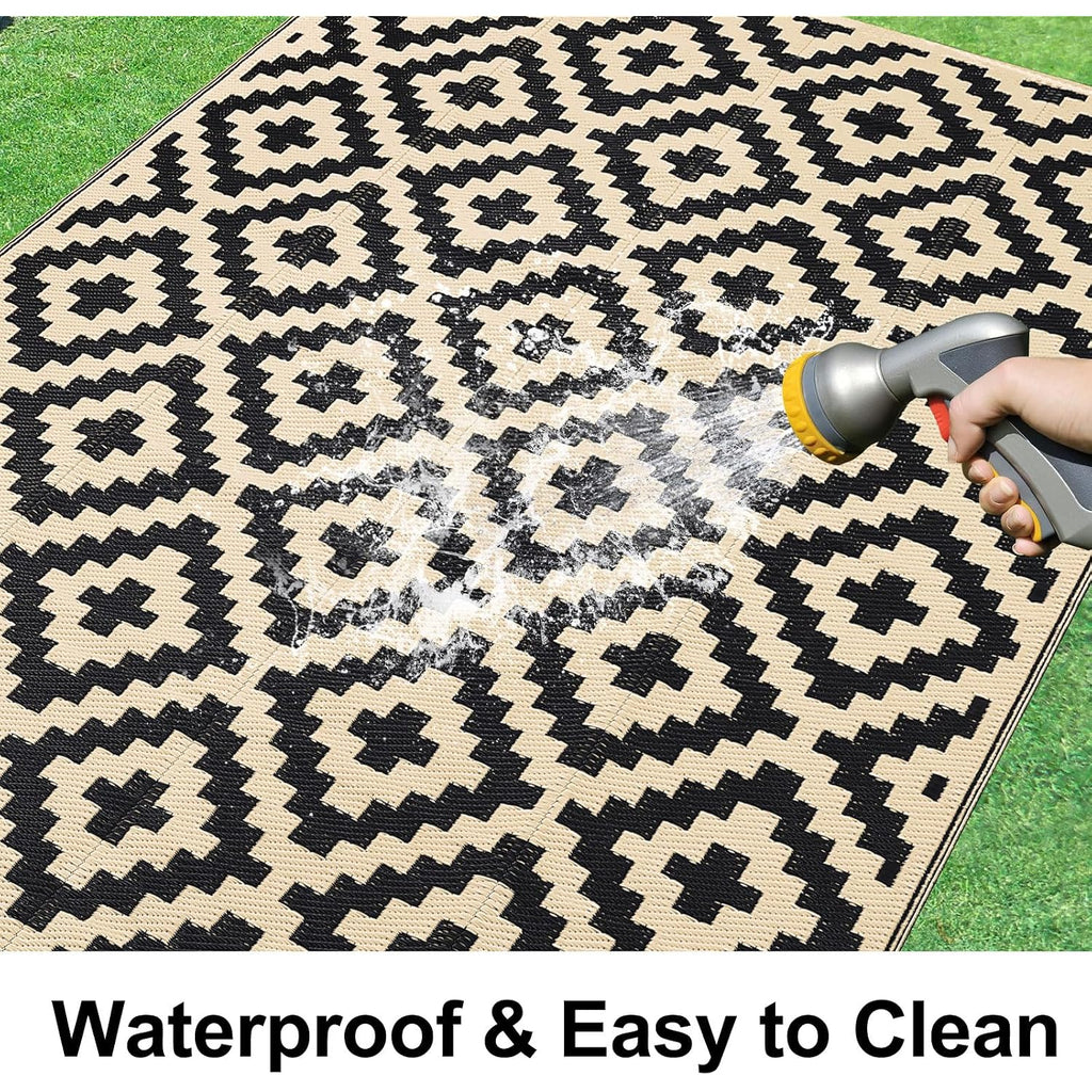 Smiry Waterproof Outdoor Rug 5X8 Ft, Reversible Plastic Straw Patio Camping Rugs, Outdoor Indoor Rv Mat Carpet For Patio, Outside Entry, Backyard, Deck, Bench, Picnic, Camper, Black & Beige