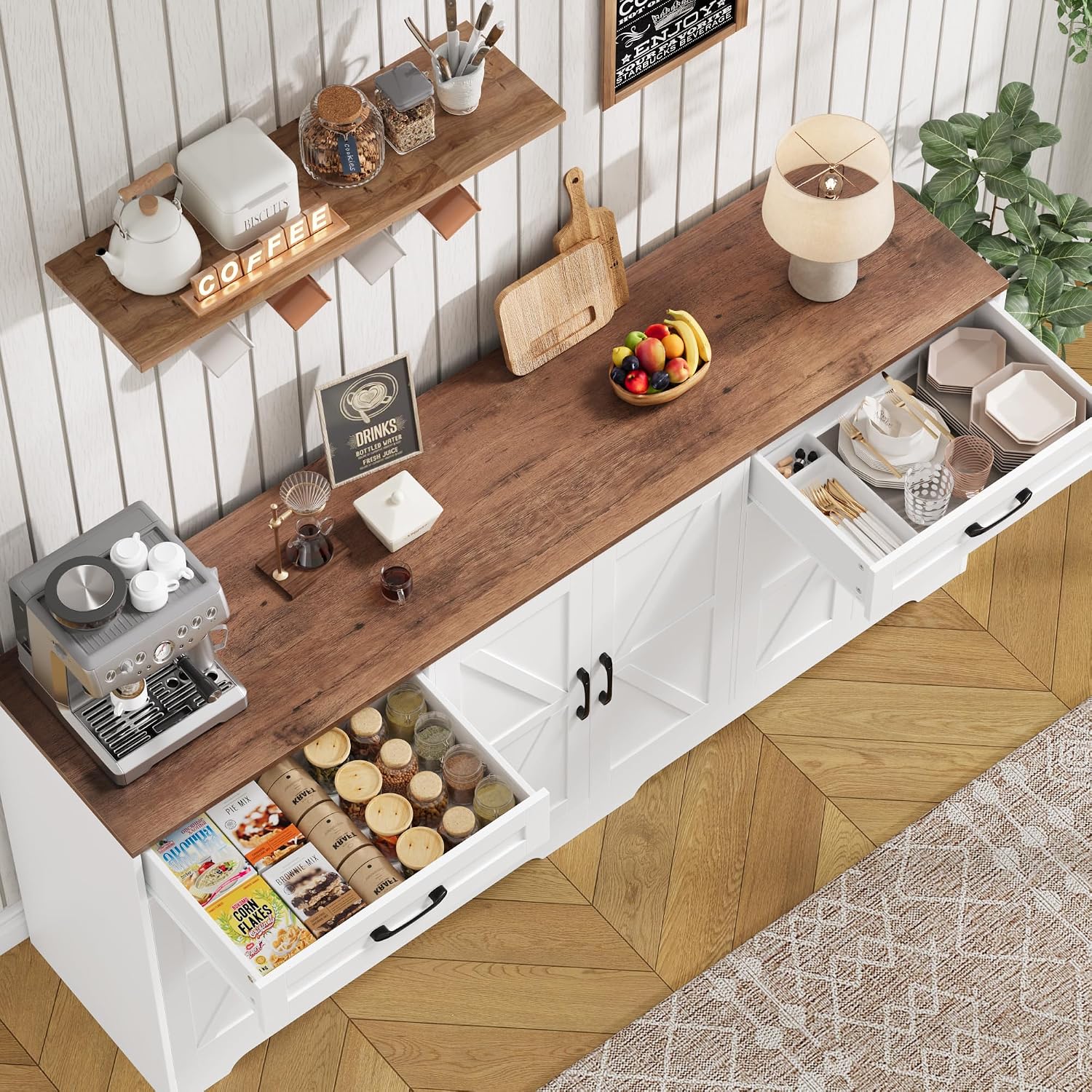 71” Large Sideboard Buffet Cabinet With Storage, Farmhouse Kitchen Buffet Cabinet With Adjustable Shelves And 6 Barn Doors, Wood Coffee Wine Bar Console Table For Kitchen, Dining Room, White