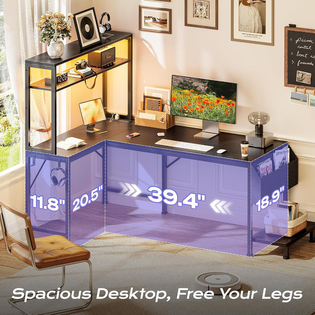 L Shaped Gaming Desk With Led Lights & Power Outlets, Reversible Computer Desk With Storage Shelves & Bag, Large Corner Home Office Desk With Pegboard For Work From Home, Black