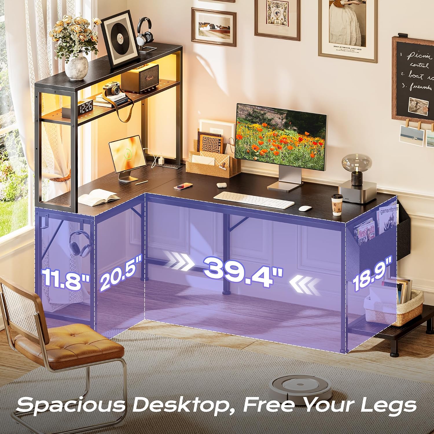 L Shaped Gaming Desk With Led Lights & Power Outlets, Reversible Computer Desk With Storage Shelves & Bag, Large Corner Home Office Desk With Pegboard For Work From Home, Black