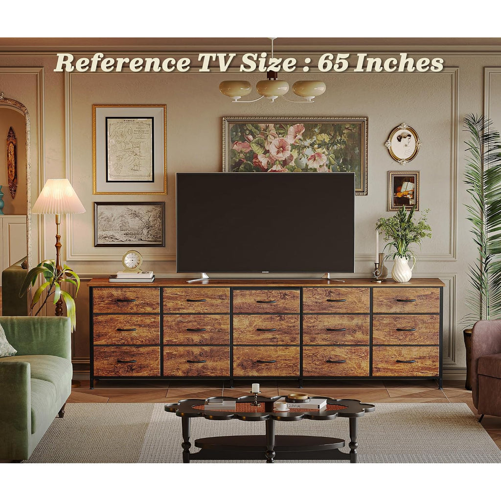 Huuger 78.7 Inch Long Dresser For Bedroom, 15 Drawer Fabric Dresser For Closet, Large Tv Stand For 65, 75, 85 Inch Tv, Wide Chest Of Drawer With Storage, 78.7" W X 12.9" D X 26.7" H, Rustic Brown