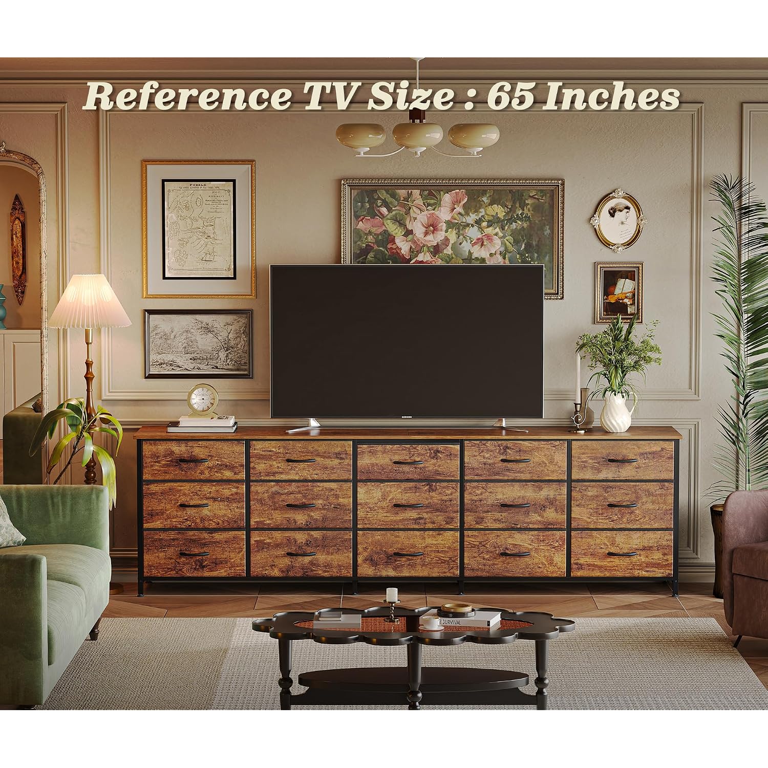 Huuger 78.7 Inch Long Dresser For Bedroom, 15 Drawer Fabric Dresser For Closet, Large Tv Stand For 65, 75, 85 Inch Tv, Wide Chest Of Drawer With Storage, 78.7" W X 12.9" D X 26.7" H, Rustic Brown