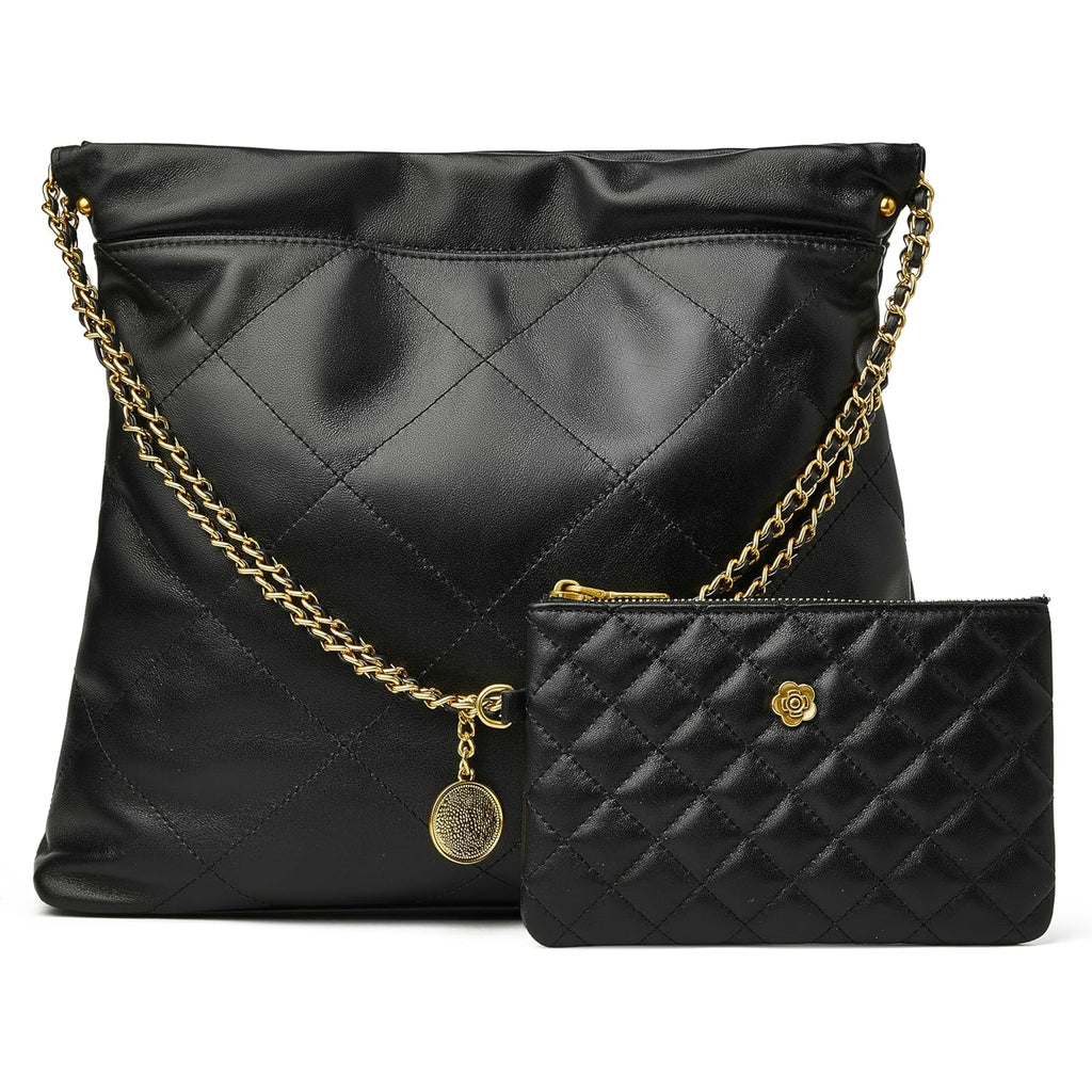 Doris&Jacky Quilted Leather Tote Bag For Women, Soft Lambskin Designer Shoulder Hobo Chain Purse With 1 Small Clutch