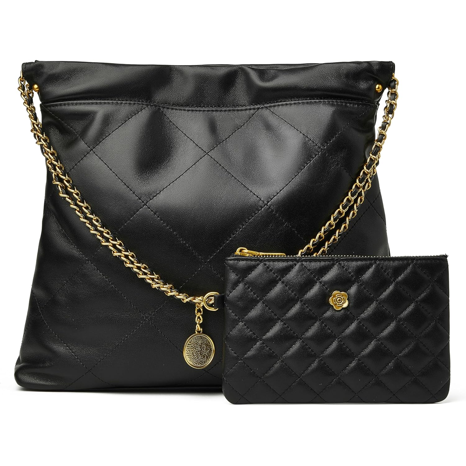 Doris&Jacky Quilted Leather Tote Bag For Women, Soft Lambskin Designer Shoulder Hobo Chain Purse With 1 Small Clutch