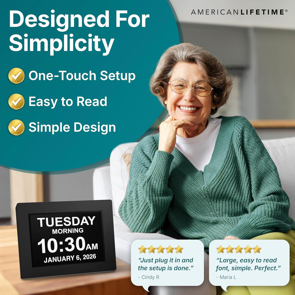 Large Digital Clock For Seniors, Black, 8 Inch, With Day & Date, Customizable Alarms, Auto-Dimming, Multi-Language Support, Battery Backup, Easy Setup, And Gift Option