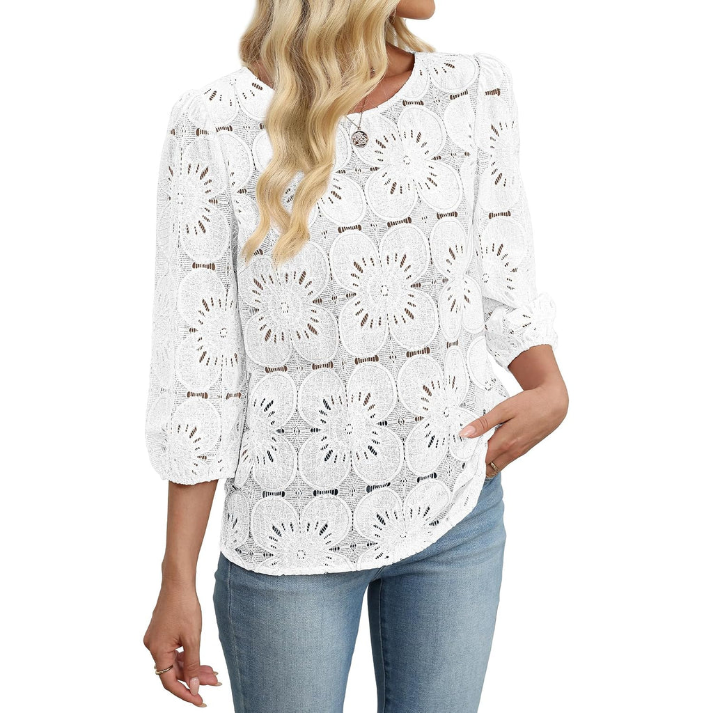 Sampeel Women Blouses Dressy Casual 3/4 Length Sleeve Tops Eyelet Lace Spring Summer Shirts Beach Vacation Clothes