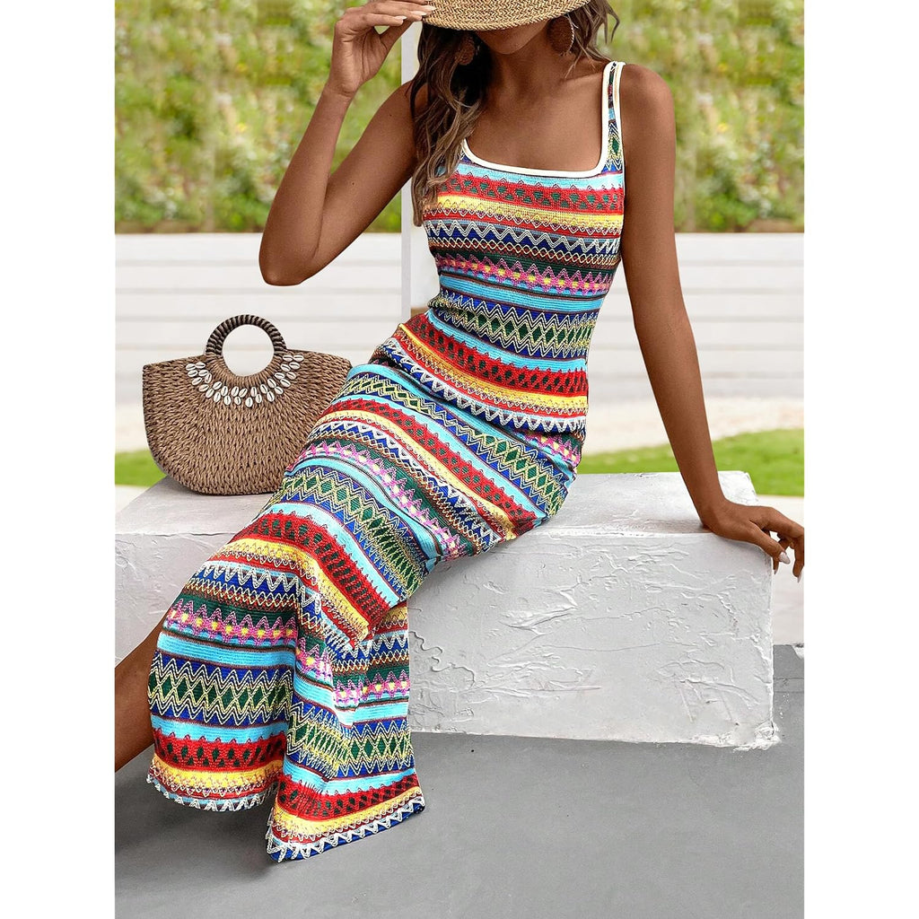 Prettygarden Tank Dress For Women 2026 Summer Casual Striped Maxi Dresses Fitted Square Neck Beach Vacation Bohemian Sundress