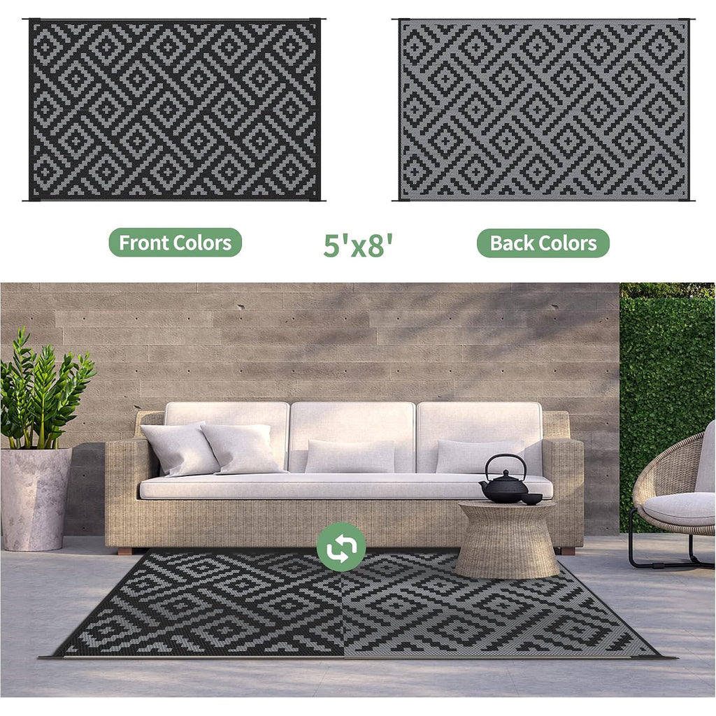 Genimo Outdoor Rug, Waterproof Plastic Rugs For Patio, 5'X8' Black Grey | Outside Larger Modern Carpet Mat For Porch Decor, Deck, Balcony, Camping, Rv, Backyard, Picnic, Beach, Reversible, Foldable