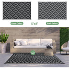 Genimo Outdoor Rug, Waterproof Plastic Rugs For Patio, 5'X8' Black Grey | Outside Larger Modern Carpet Mat For Porch Decor, Deck, Balcony, Camping, Rv, Backyard, Picnic, Beach, Reversible, Foldable