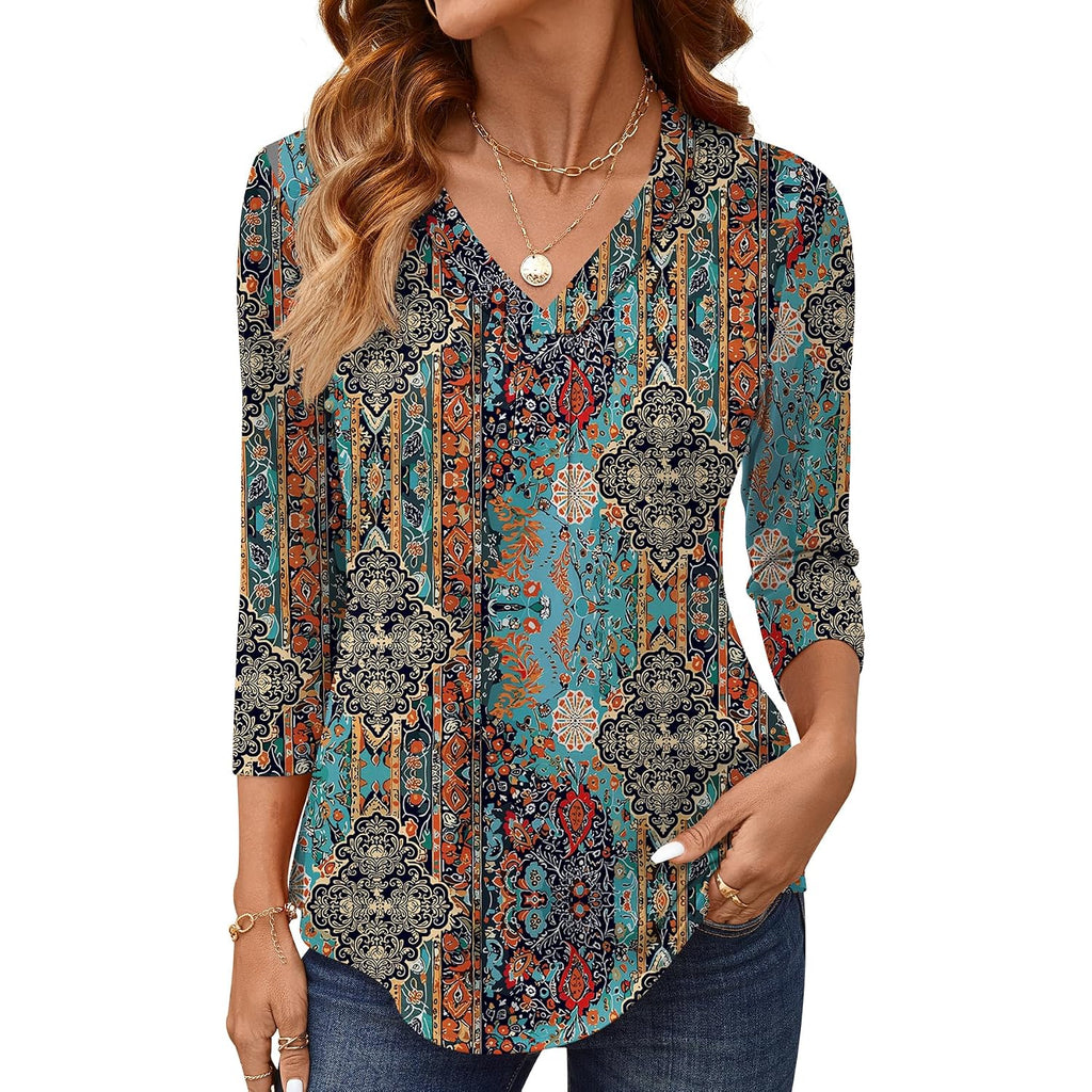 AKEWEI Women's 3/4 Length Sleeve Boho Tops V Neck Casual Vacation Clothes Loose Fit Tunic Shirts S-2XL