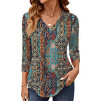 AKEWEI Women's 3/4 Length Sleeve Boho Tops V Neck Casual Vacation Clothes Loose Fit Tunic Shirts S-2XL