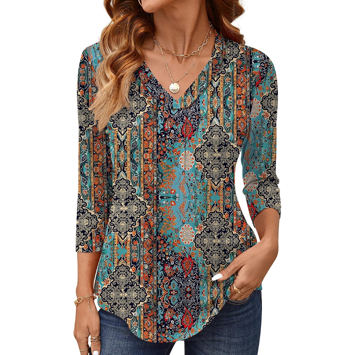 AKEWEI Women's 3/4 Length Sleeve Boho Tops V Neck Casual Vacation Clothes Loose Fit Tunic Shirts S-2XL