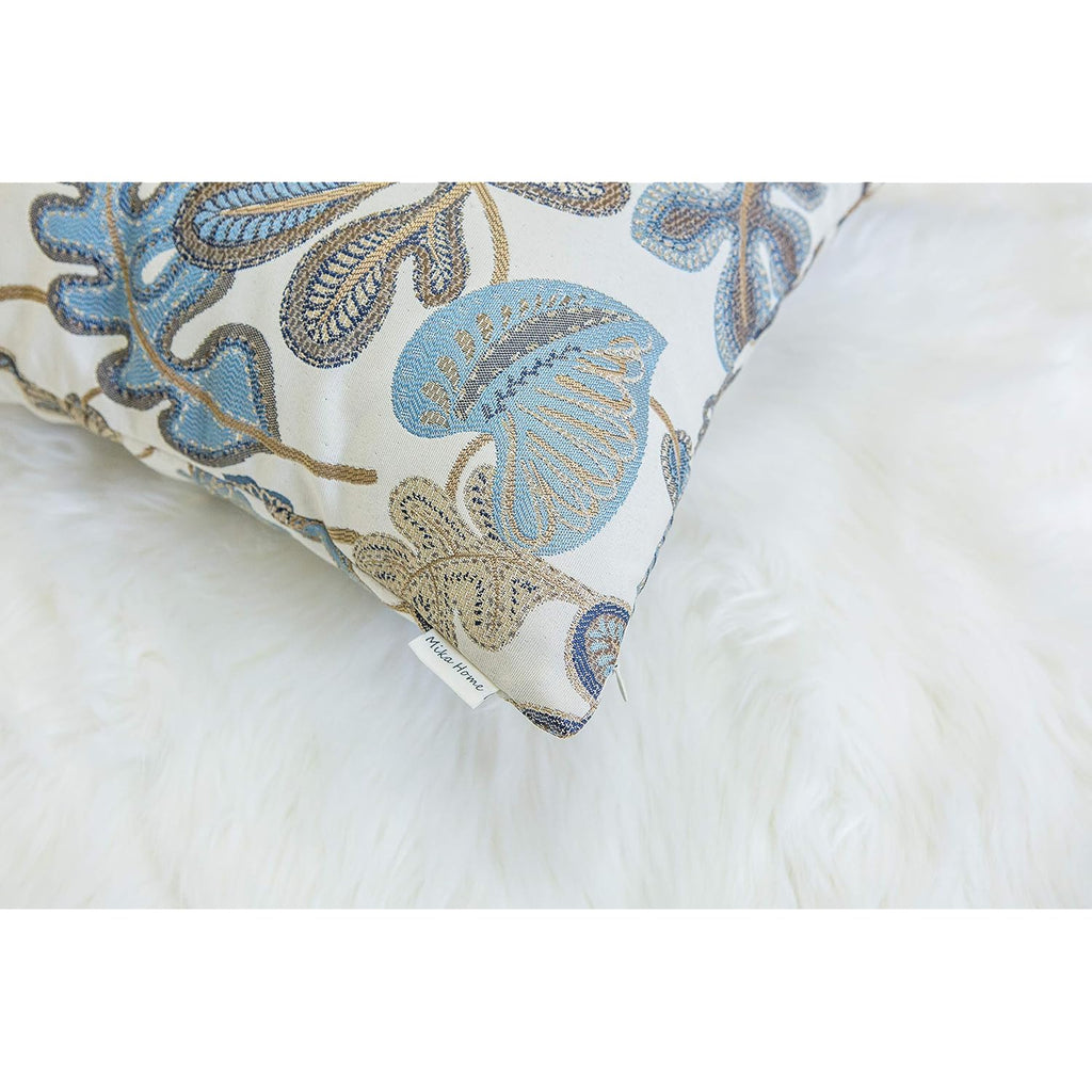 Set Of 2 Jacquard Tropical Leaf Pattern Oblong Throw Pillow Covers Accent Pillowcase 12X20 Inches,Blue Cream