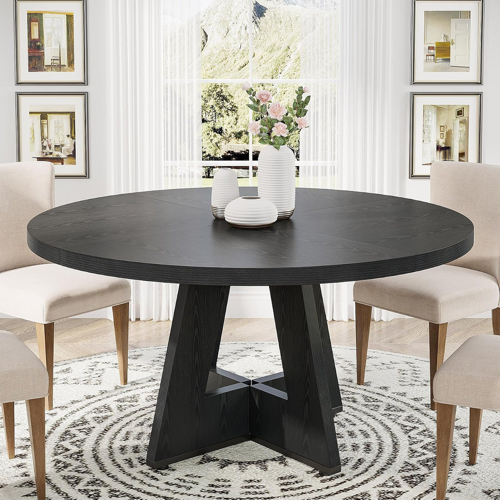 Tribesigns 47 Inch Round Dining Table Wood Kitchen Table For Dining Room, 47" Dinner Room Tables For 4-6, Farmhouse Accent Furniture With Wooden Tabletop And Cross Base, Black