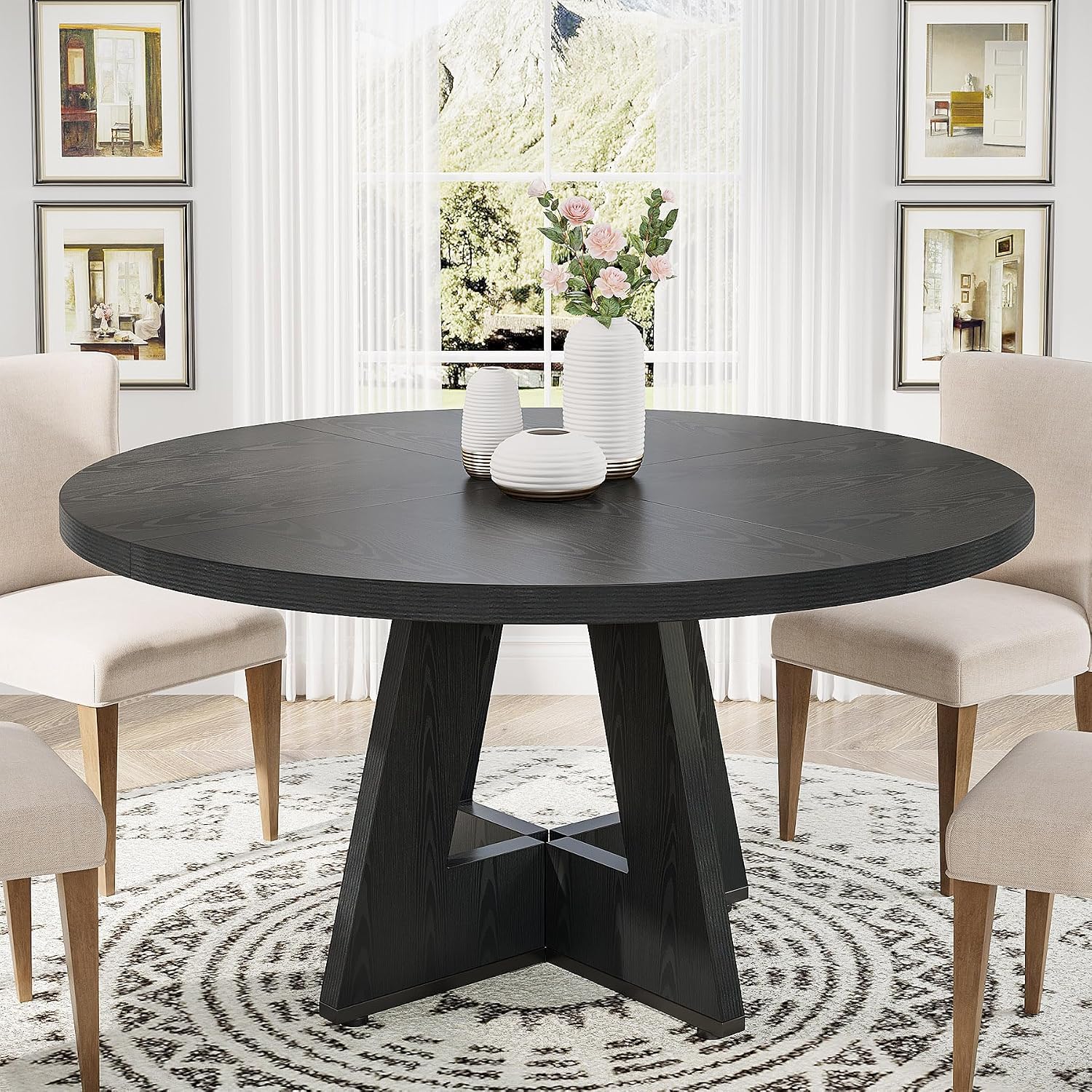 Tribesigns 47 Inch Round Dining Table Wood Kitchen Table For Dining Room, 47" Dinner Room Tables For 4-6, Farmhouse Accent Furniture With Wooden Tabletop And Cross Base, Black