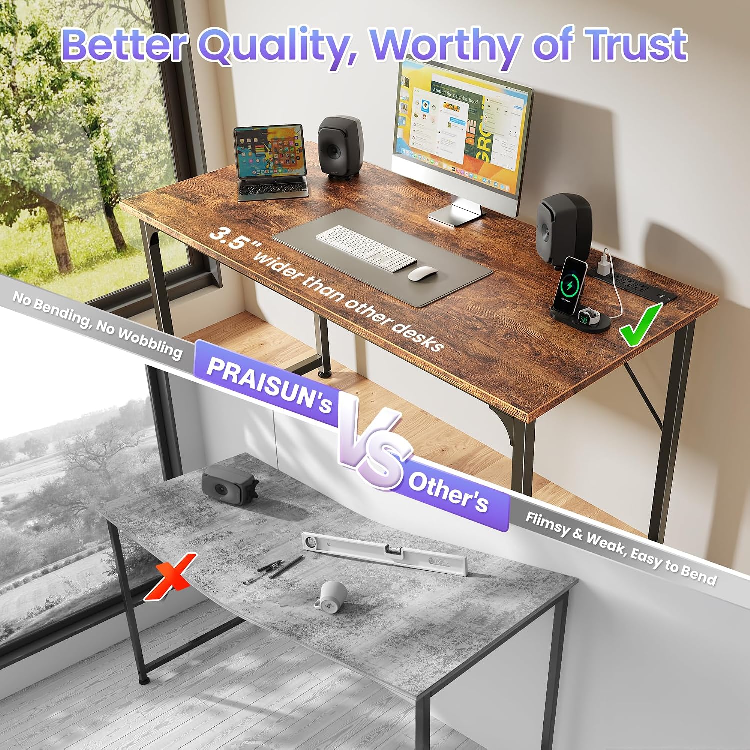 47 X 20 Inch Computer Desk, Power Outlets, Usb-C, Rustic Brown | Office Desk With 4 Ac Outlets, Usb & Usb-C, Sturdy Metal Frame, Spacious Desktop For Work, Writing, Study & Gaming