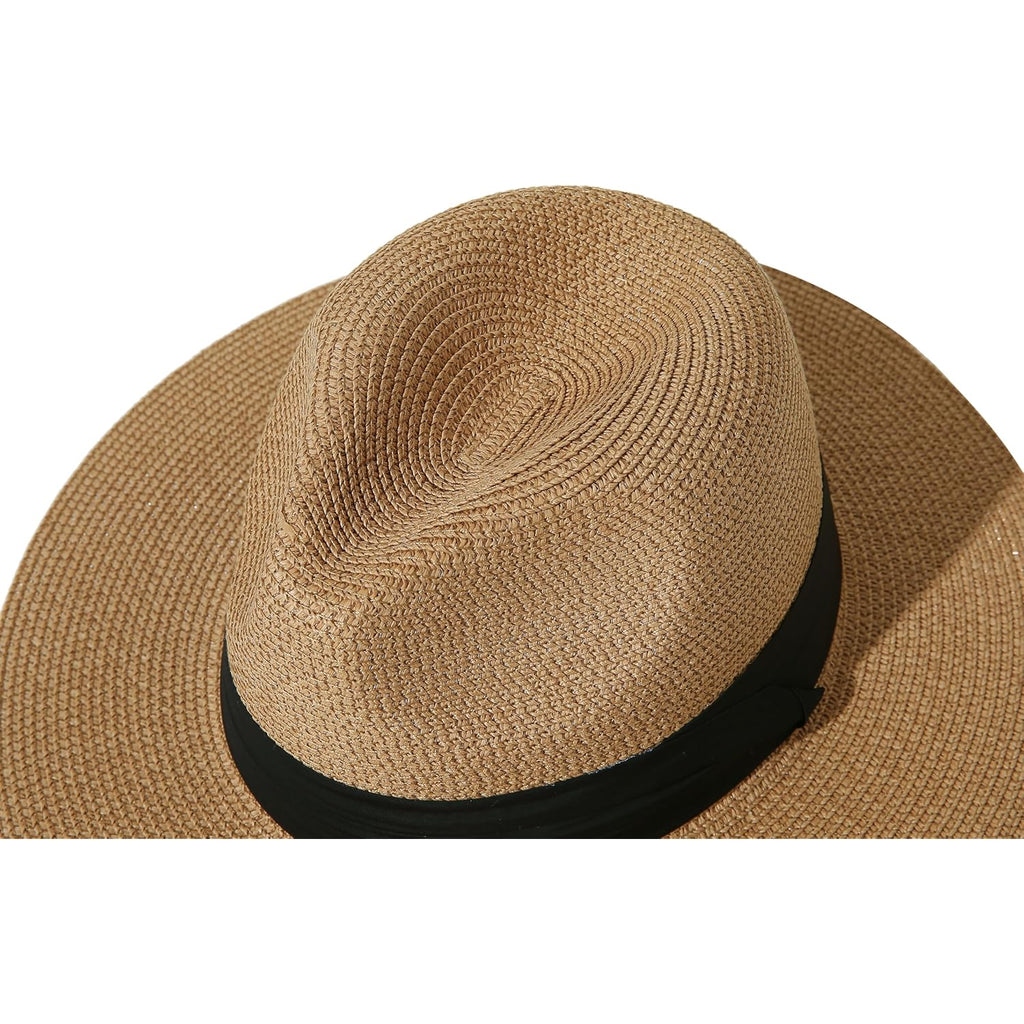 Lanzom Women Wide Brim Straw Panama Roll up Hat Fedora Beach Sun Hat UPF50+