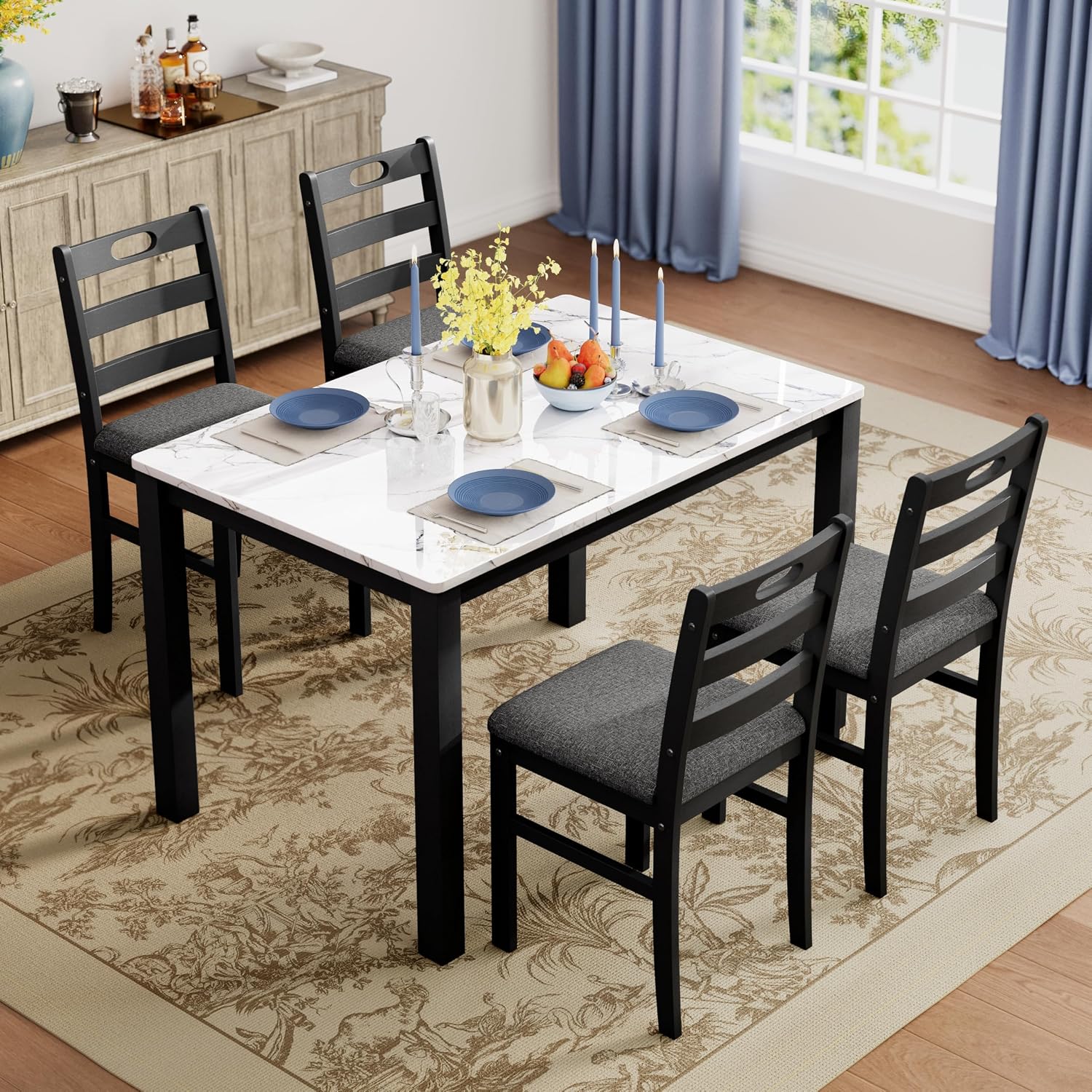 Phi Villa Solid Wood Dining Table Set For 4, Marble Design Kitchen Table Chairs Set Of 4, 5 Piece Space-Saving Dining Room Table Set For Apartment, Venatino White Marble& Black