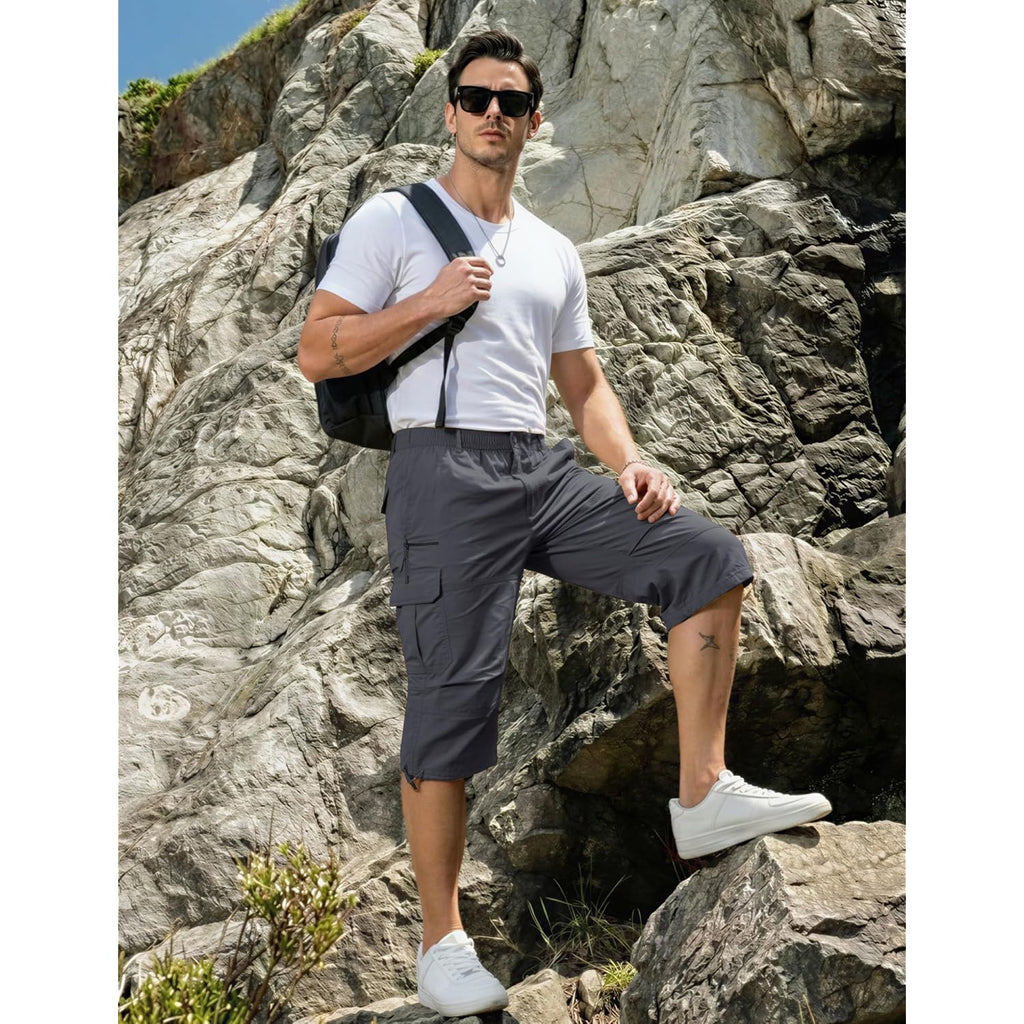 Eklentson Men'S Cargo Shorts Casual Twill Elastic 3/4 Capri Pants Below Knee Long Shorts With 7 Pockets