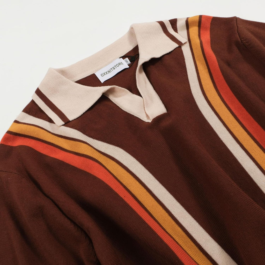 Oxknit Mens Retor Polo Striped Brown V-Neck Knitted Shirt 1960S Mod Style Vintage Collared T Shirt
