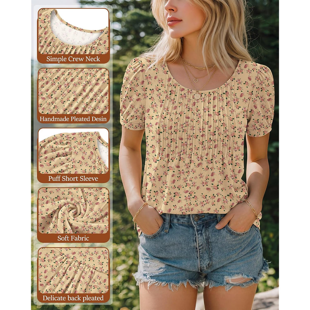 Ficerd Women's Puff Short Sleeve Boho Tunic Tops Pleated Crew Neck Summer Blouses Dressy Casual Loose T Shirts