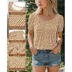 Ficerd Women's Puff Short Sleeve Boho Tunic Tops Pleated Crew Neck Summer Blouses Dressy Casual Loose T Shirts