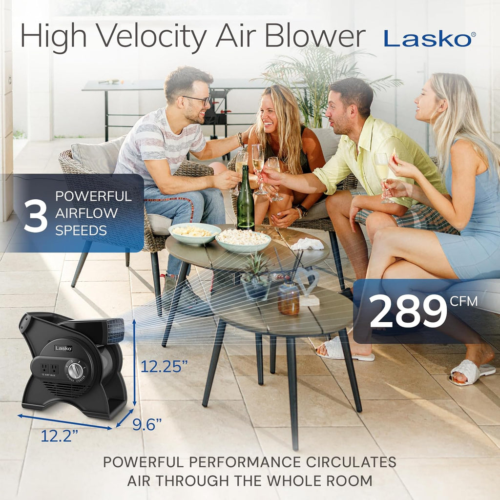 Lasko High Velocity Portable Utility Fan - Adjustable Air Mover Blower Fan For Bedroom, Office Desk, Garage, And Home - With 2 Outlets 120V - 3 Speeds - U12104 - 12" Tall - Black