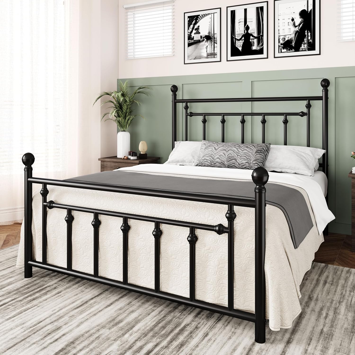 Allewie 14 Inch Queen Size Metal Platform Bed Frame With Victorian Vintage Headboard And Footboard/Mattress Foundation/Under Bed Storage/No Box Spring Needed/Easy Assembly/Noise Free/Black