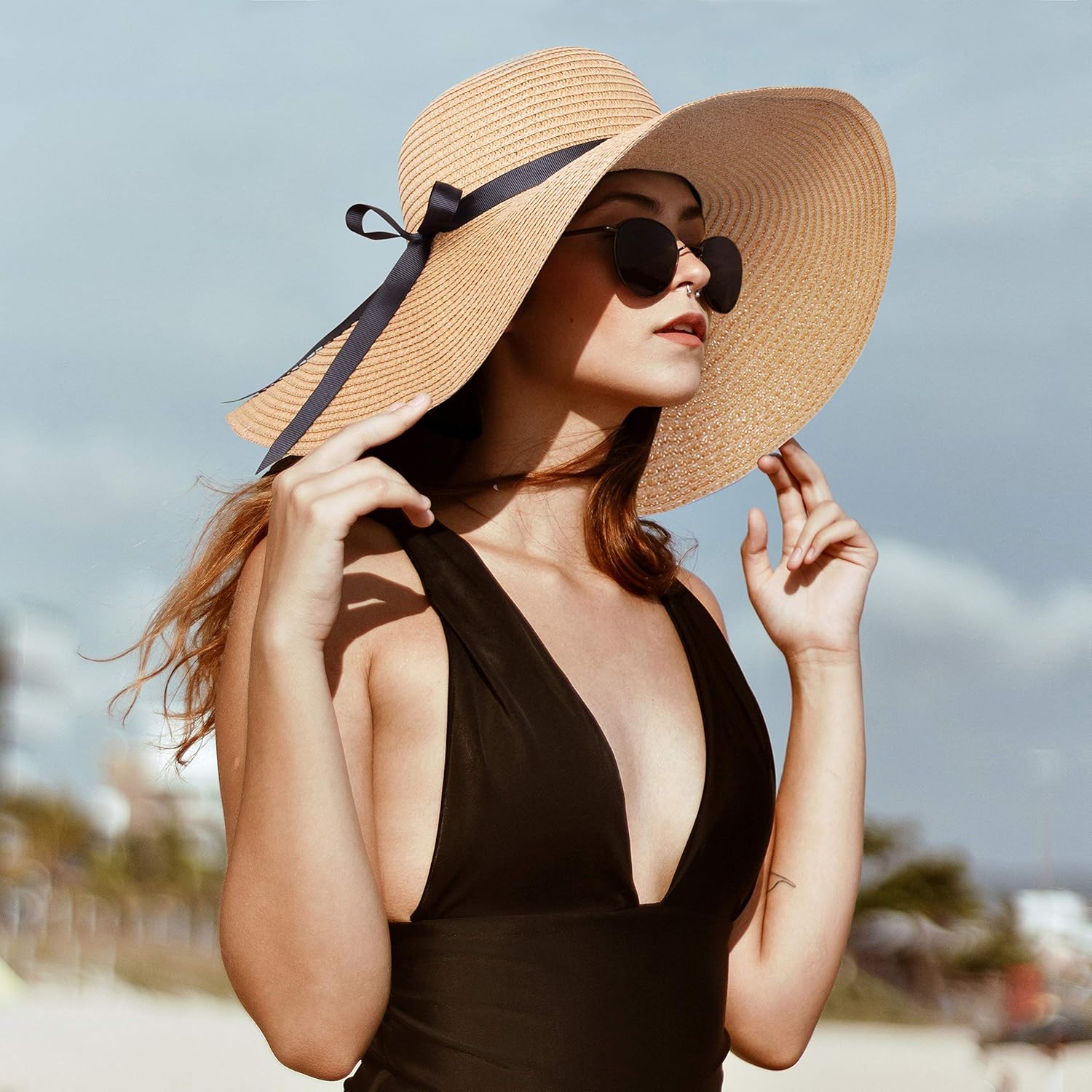 Double Couple Womens Straw Hat Wide Brim Floppy Beach Sun Hat for Women UPF 50+ Adjustable Strap Vacation