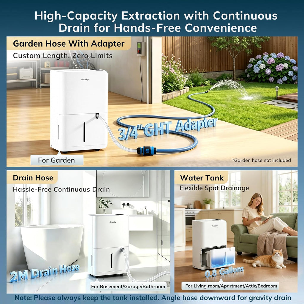 50 Pint/Day, 3500Sq.Ft Compressor Dehumidifier With Drain Hose | 0.8 Gallon Water Tank Capacity, For Basement, Home, Bedroom, Bathroom, Rv, Garage, Intelligent Humidistat, Quiet