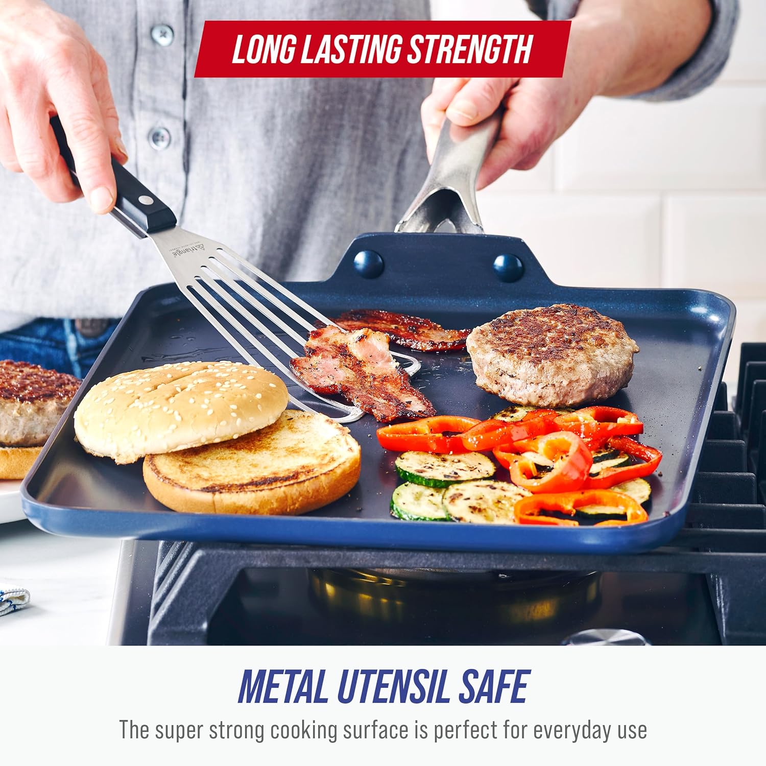 Blue Diamond 11" Nonstick Square Griddle Pan, Non Toxic PFAS-Free Diamond Ceramic, Dishwasher & Oven Safe, Even Heating, Metal Utensil Safe, Warp Control, Blue