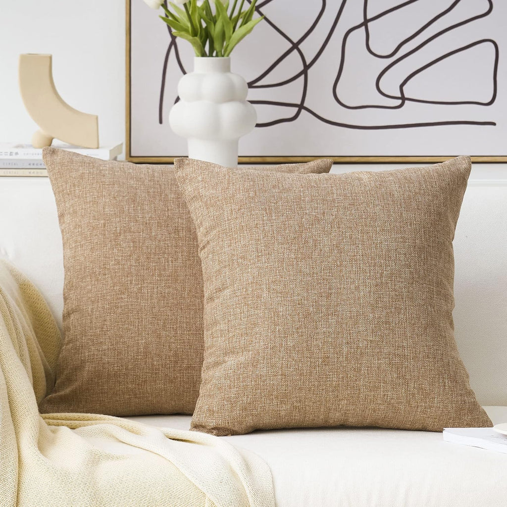 Home Brilliant Linen Throw Pillow Covers 18X18 Burlap Decorative Pillow Covers Farmhouse Throw Pillows For Couch Bench Sofa, Set Of 2, 18 X 18 Inch, Natural Linen