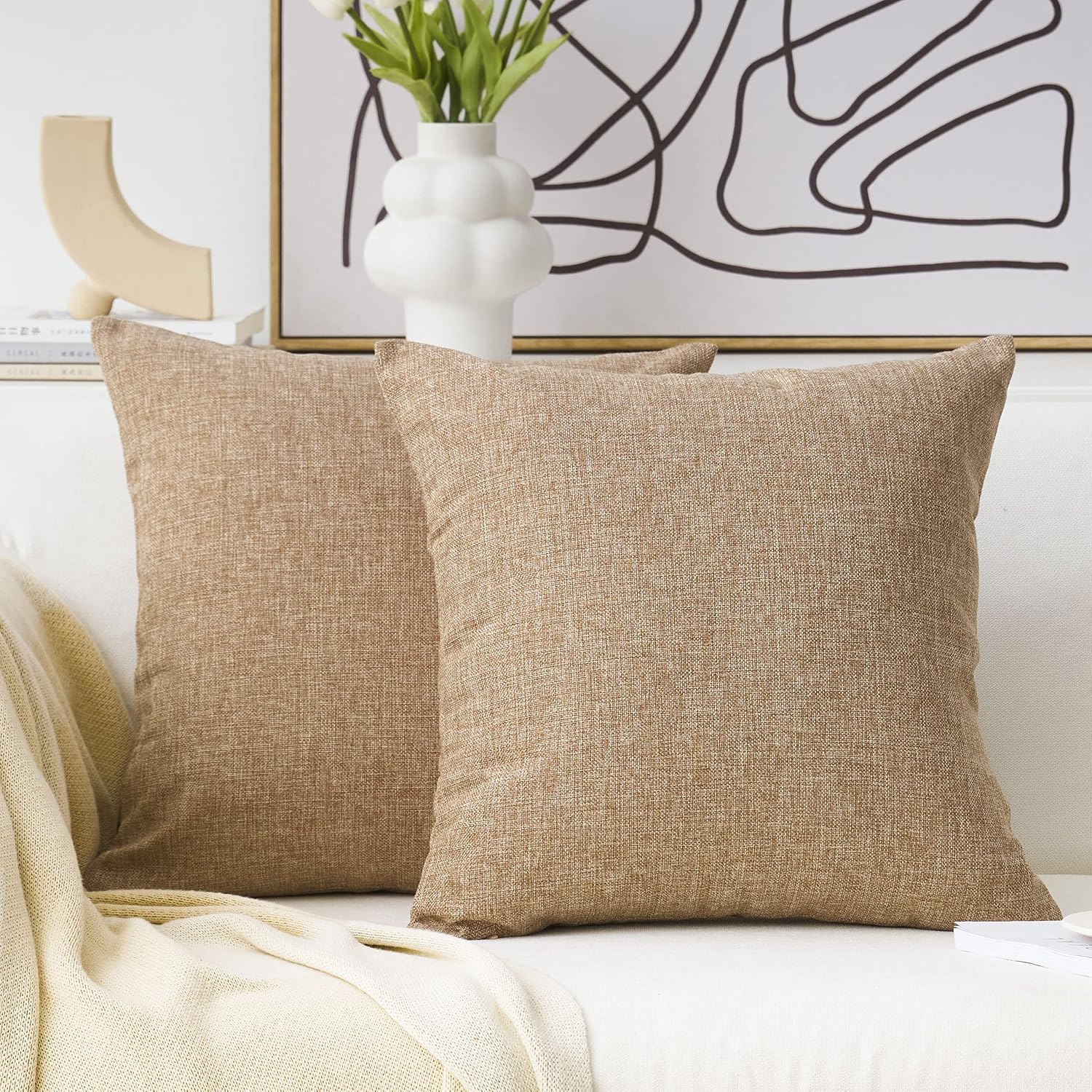 Home Brilliant Linen Throw Pillow Covers 18X18 Burlap Decorative Pillow Covers Farmhouse Throw Pillows For Couch Bench Sofa, Set Of 2, 18 X 18 Inch, Natural Linen