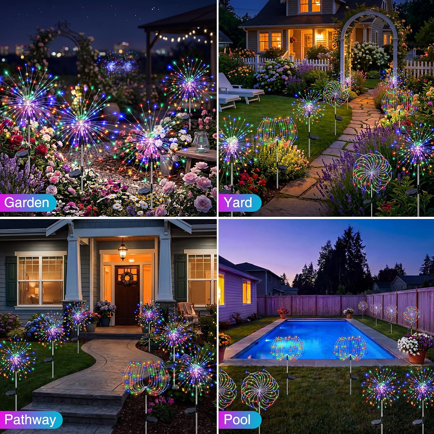 Btfarm 2 Pack Solar Garden Lights Outdoor 8 Modes, 120 Led Firework Lights Solar Powered, Waterproof Twinkle Fairy Light Outside For Yard Pathway Lawn Pool Patio Christmas Decorative, Multicolor