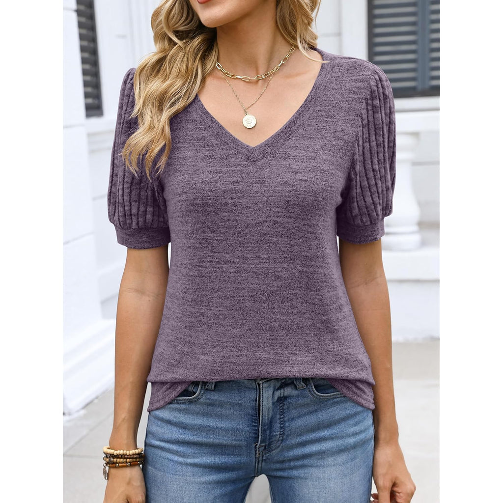 Womens Tops Summer Sweaters Dressy Casual V Neck Tunic Blouses Short Sleeve Basic Tee Shirts 2026 Trendy Clothes