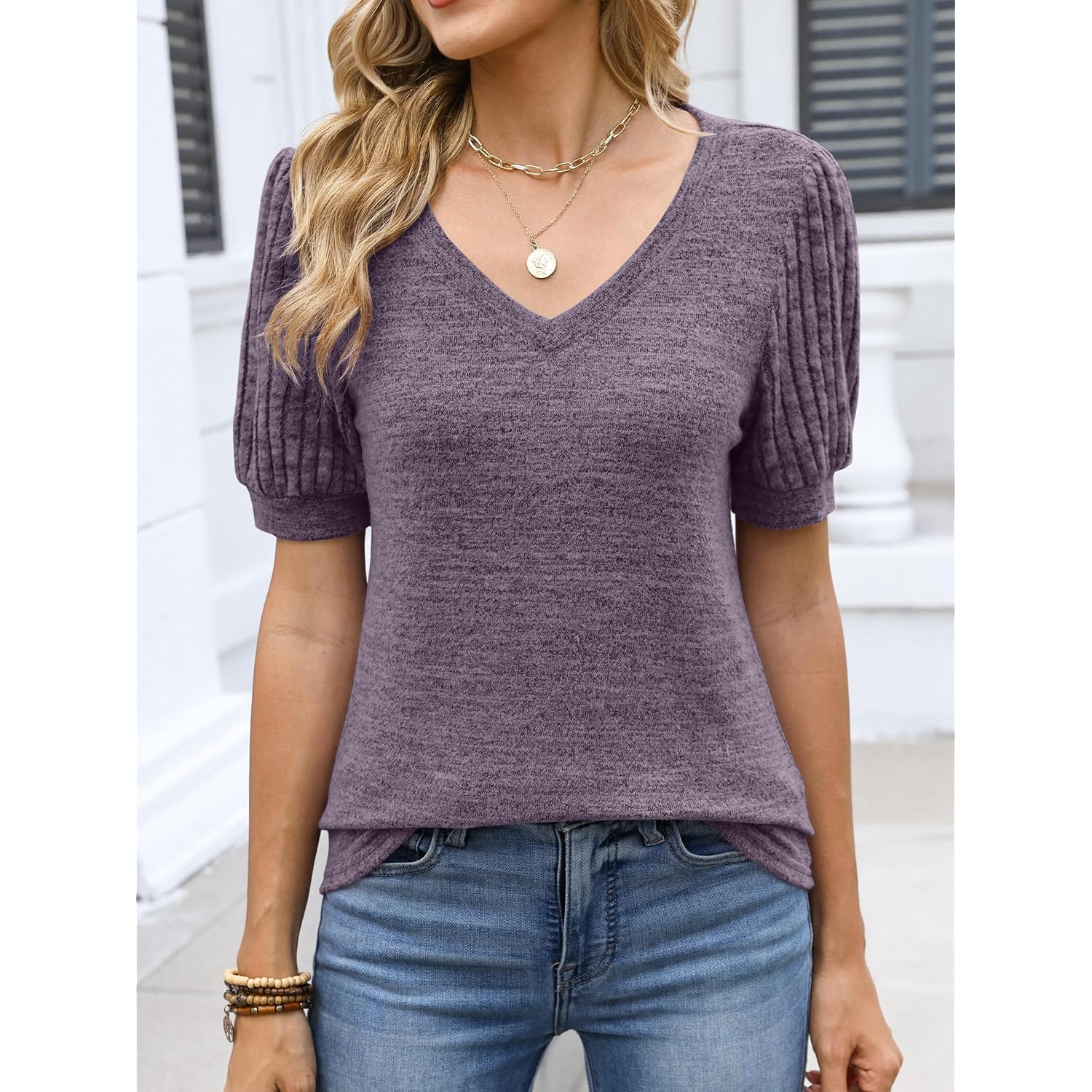 Womens Tops Summer Sweaters Dressy Casual V Neck Tunic Blouses Short Sleeve Basic Tee Shirts 2026 Trendy Clothes