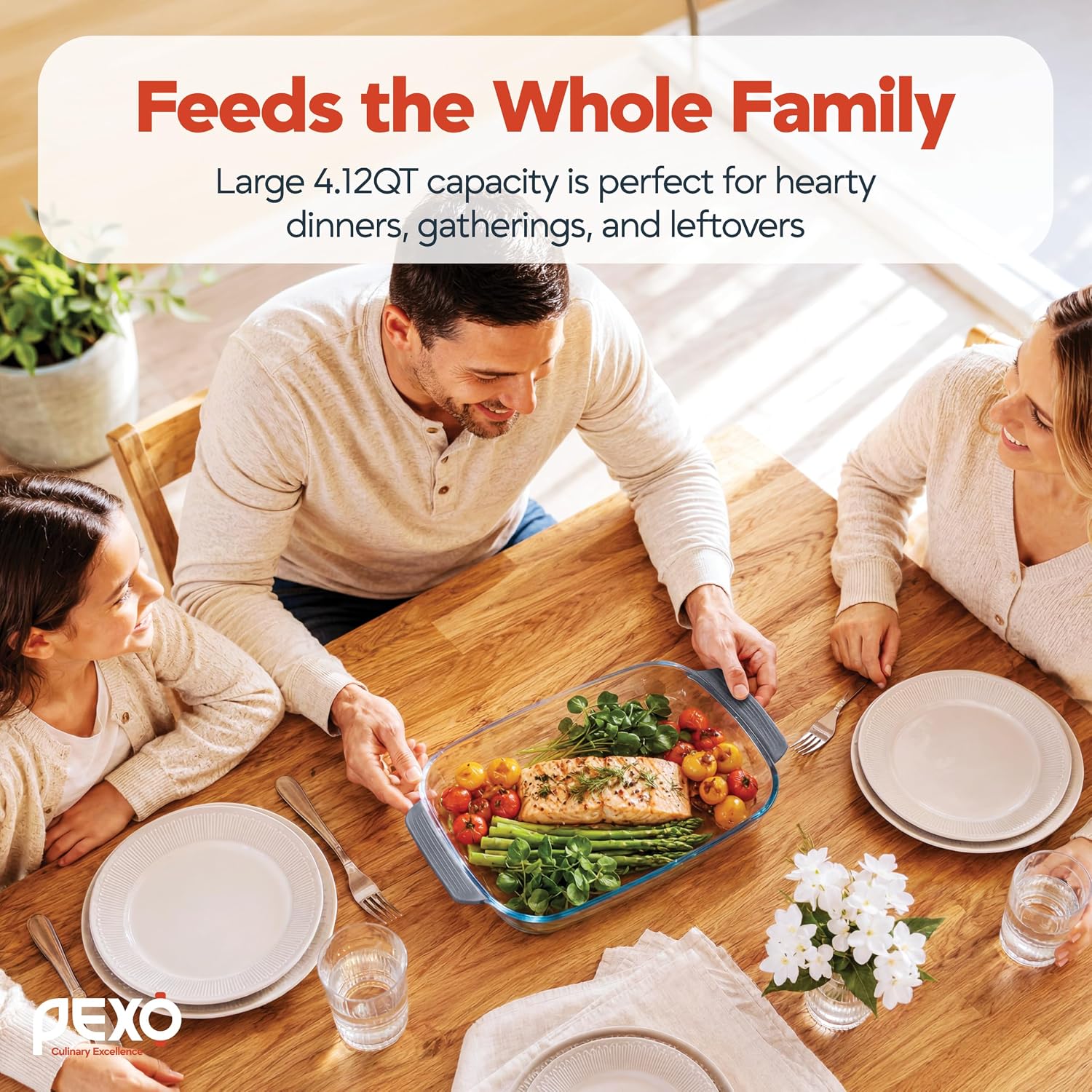 Pexo Glass Baking Dish With Lid, 9X13 Deep Lasagna Pan, Easy Grip Silicone Handles, Oven Safe Casserole Dish, Freezer, Dishwasher, And Microwave Safe (Gray)