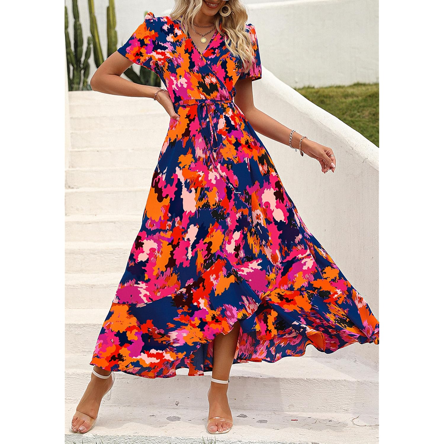 Prettygarden Women'S Boho Floral Maxi Dress Summer Short Sleeve Wrap V Neck Long Flowy Beach Vacation Wedding Guest Dresses