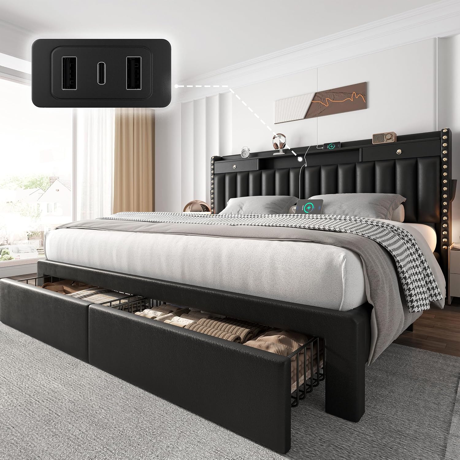 Cypbed King Size Bed Frame With 2 Tier Storage Headboard, Upholstered King Bed Frame With 4-Storage Drawers, 3 Usb & Type-C Charging Ports,Solid Wood Slats,No Box Spring Needed,Noise-Free, Black,Gift