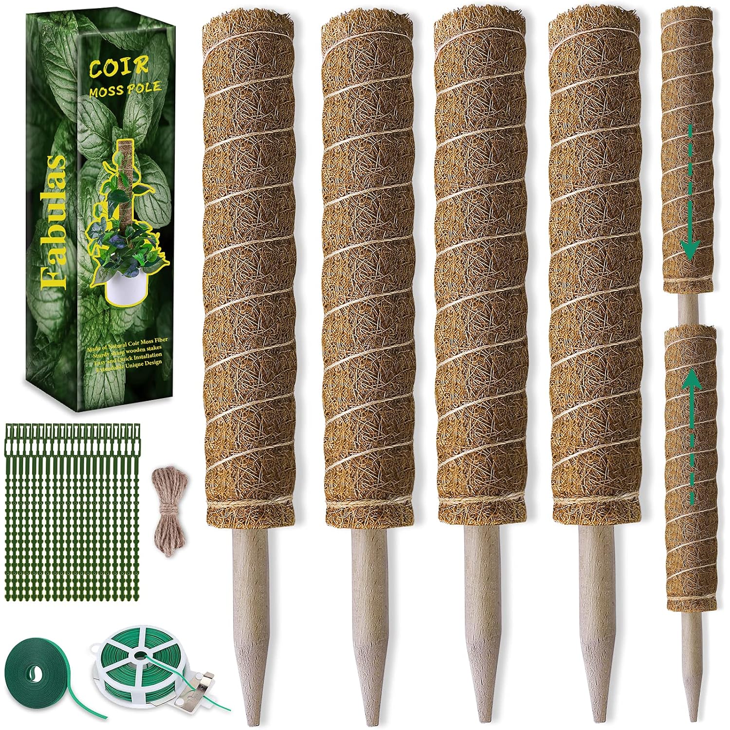 Fabulas Moss Pole 47.5 Inch - Monstera Plant Support, 4 Packs 16 Inch Plant Stakes For Indoor Plants Coco Coir Moss Pole Sticks For Climbing Potted Live Plants, Pothos, Philodendron, With Garden Ties