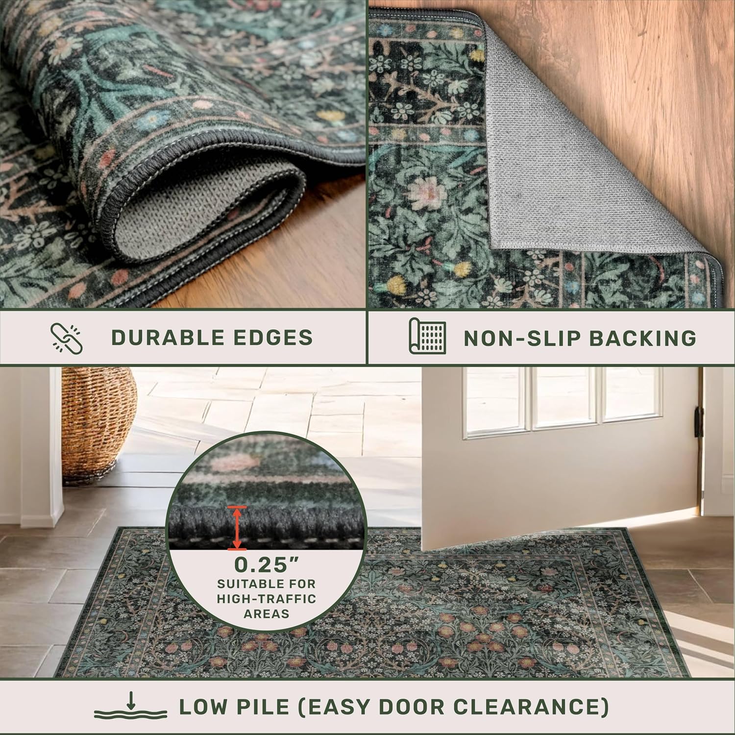 Dark Green Washable Entry Rug - Front Door Throw Rugs Indoor, Non-Slip Bathroom Small Rugs, Vintage Floral Thin Rug For Kitchen, Boho Entryway Décor (2X3 Dark Green)