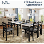 Phi Villa Solid Wood Dining Table Set For 4, Marble Design Kitchen Table Chairs Set Of 4, 5 Piece Space-Saving Dining Room Table Set For Apartment, Venatino White Marble& Black