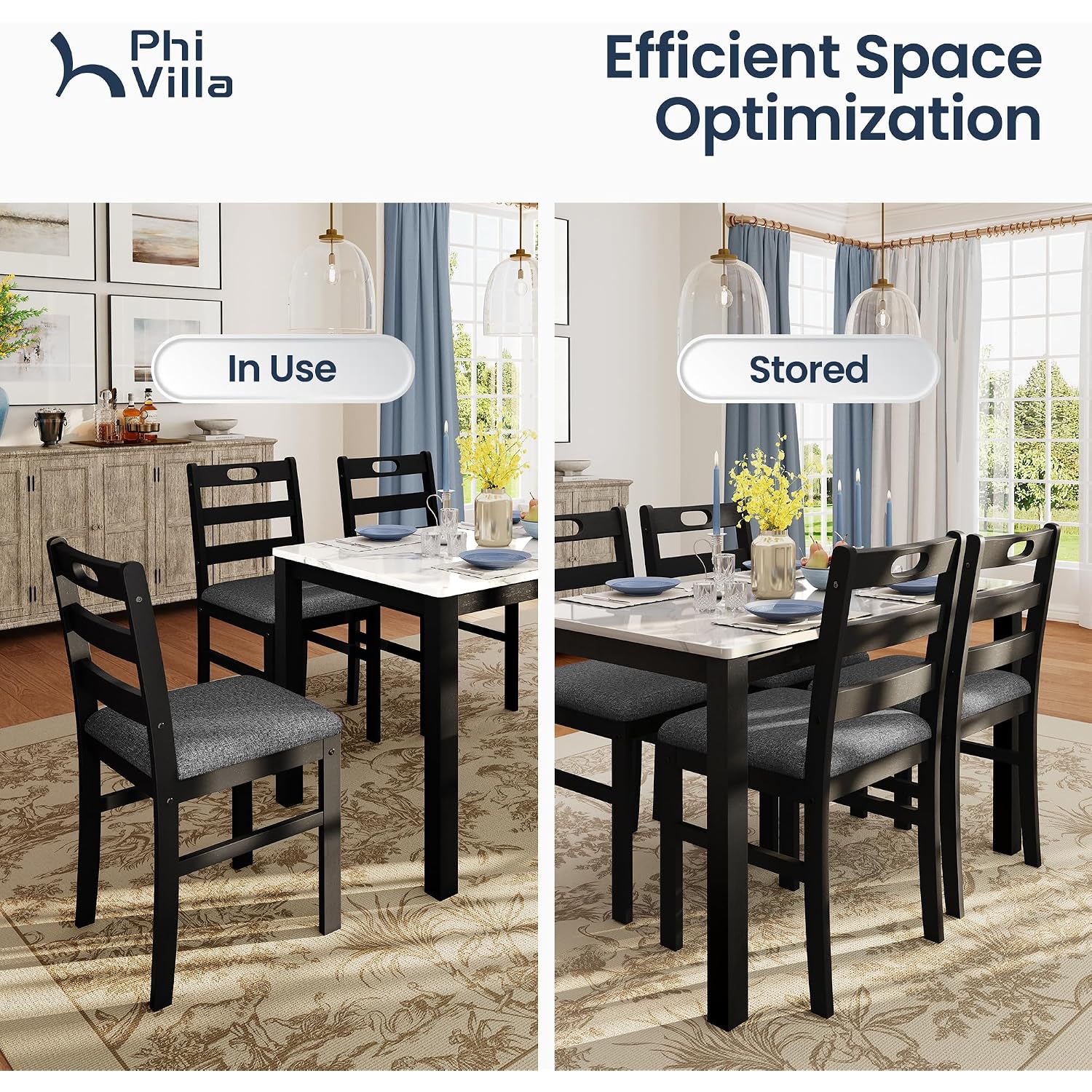 Phi Villa Solid Wood Dining Table Set For 4, Marble Design Kitchen Table Chairs Set Of 4, 5 Piece Space-Saving Dining Room Table Set For Apartment, Venatino White Marble& Black