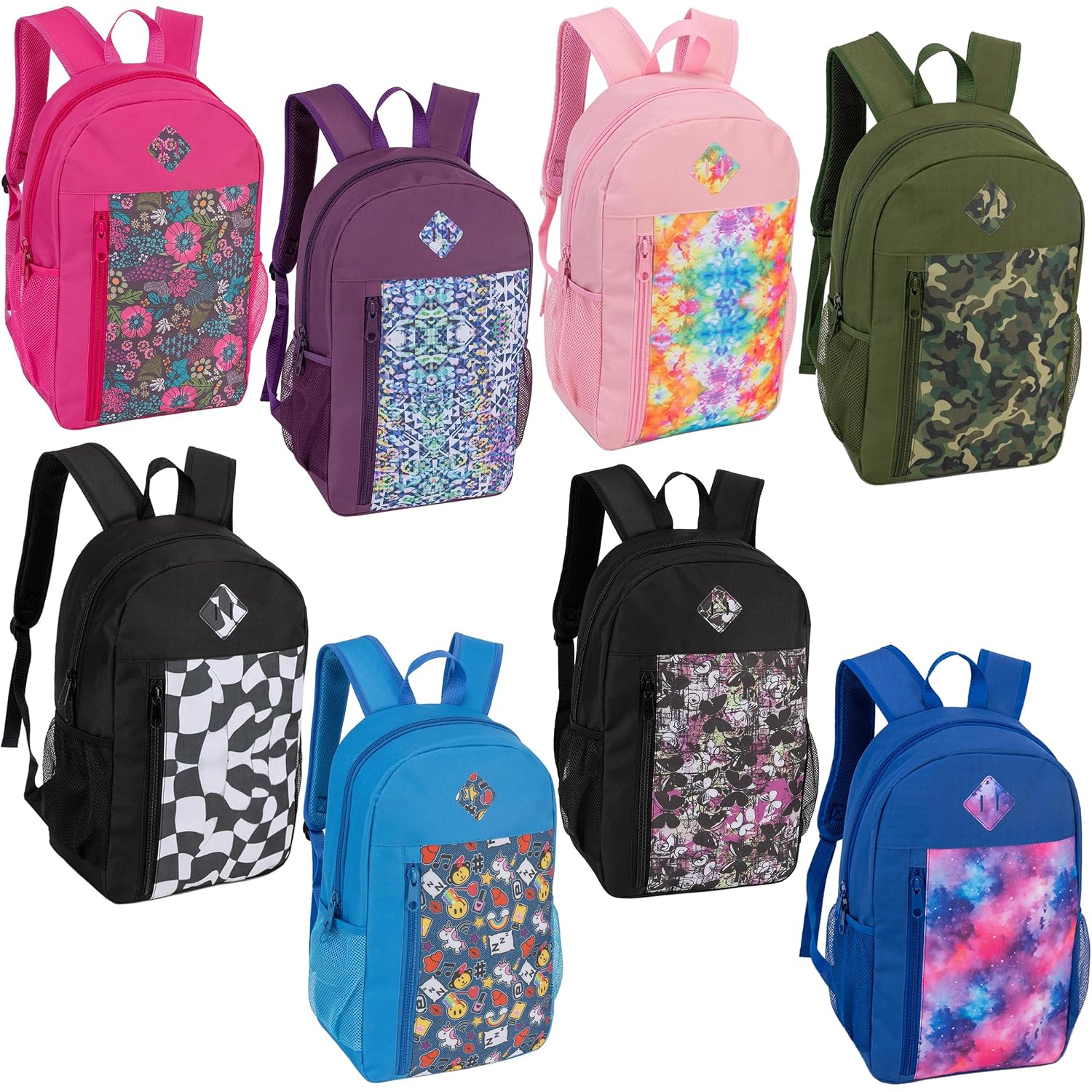 24 Pack 19" Bulk Padded Back Backpacks For Kids Bookbags, 8 Prints | Wholesale School Bags For Middle & High Students, 8 Assorted Prints, Heavy Duty Bags For Charity Giveaways & Supplies