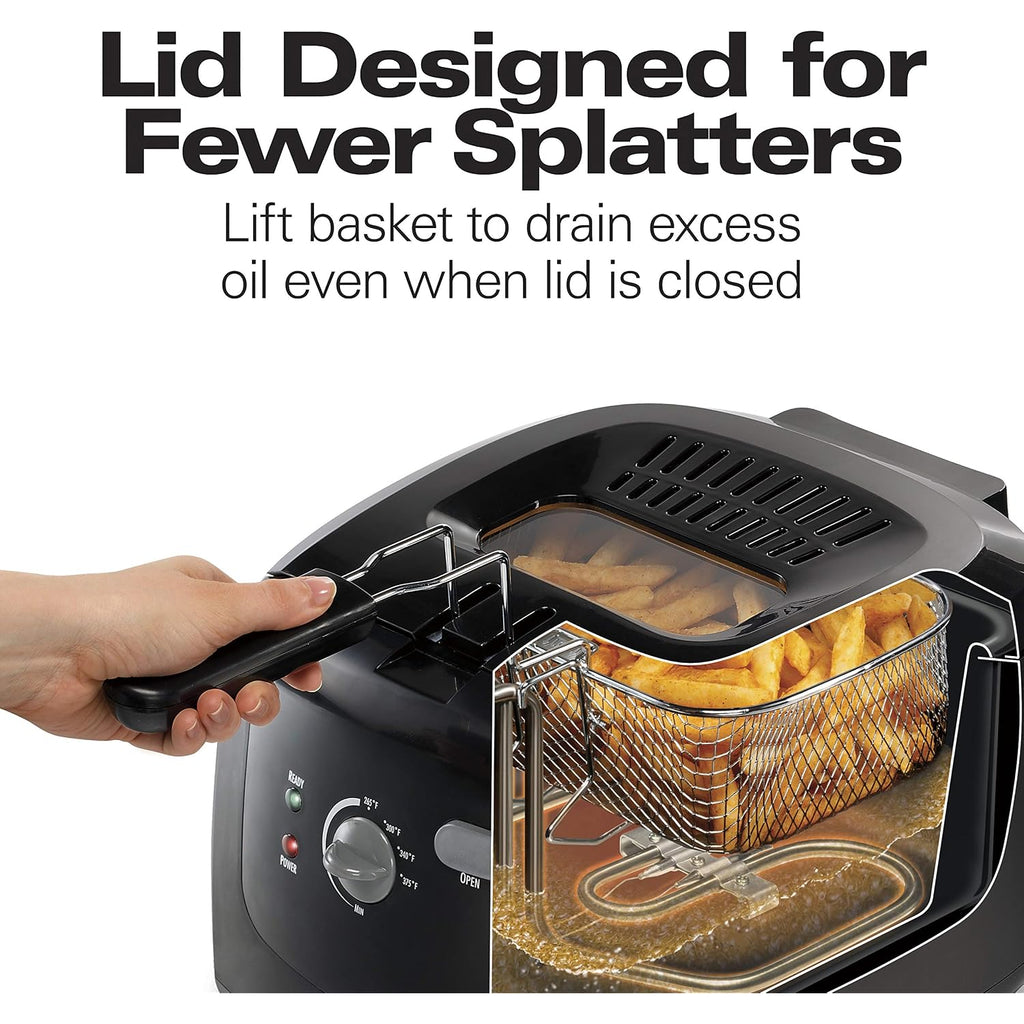 Hamilton Beach Cool Touch Electric Deep Fryer With Basket For Home Use | 2 Liter / 8 Cup Oil Capacity | 1500 Watts | Cool-Touch Sides | Lid With View Window | Adjustable Temperature | Black | 35021