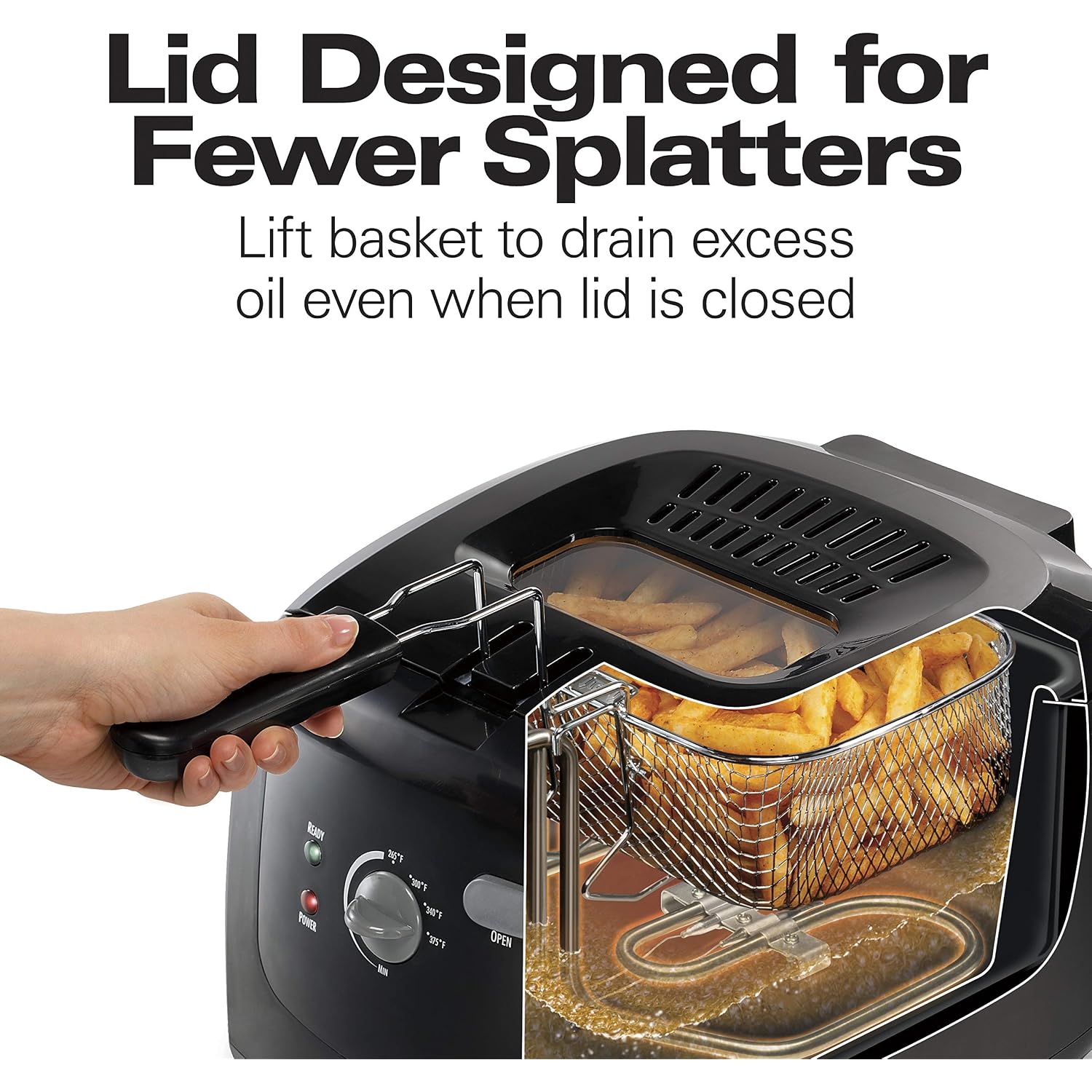 Hamilton Beach Cool Touch Electric Deep Fryer With Basket For Home Use | 2 Liter / 8 Cup Oil Capacity | 1500 Watts | Cool-Touch Sides | Lid With View Window | Adjustable Temperature | Black | 35021